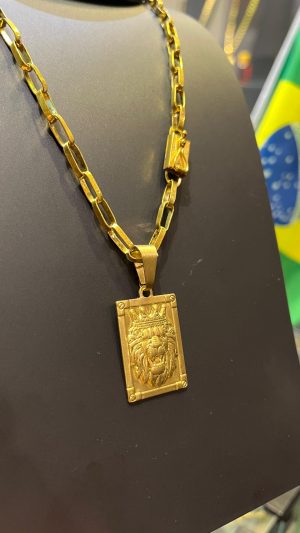 Cordão Elo Alongado Pingente Placa Leão de Judá