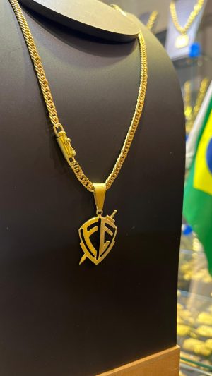 Cordão Grumet Pingente Escudo Fé com Espada