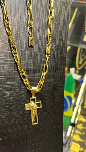 KIT: Cordão trançado + Pingente Cruz Face de Cristo + pulseira