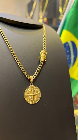 Cordão Grumet Fino Pingente Medalha Rosa dos Ventos