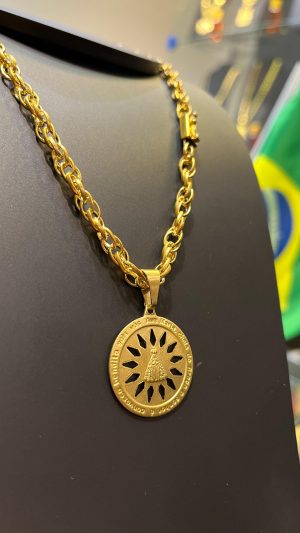 Cordão Corda Baiana Medalha Circular Ave Maria e Nossa Senhora