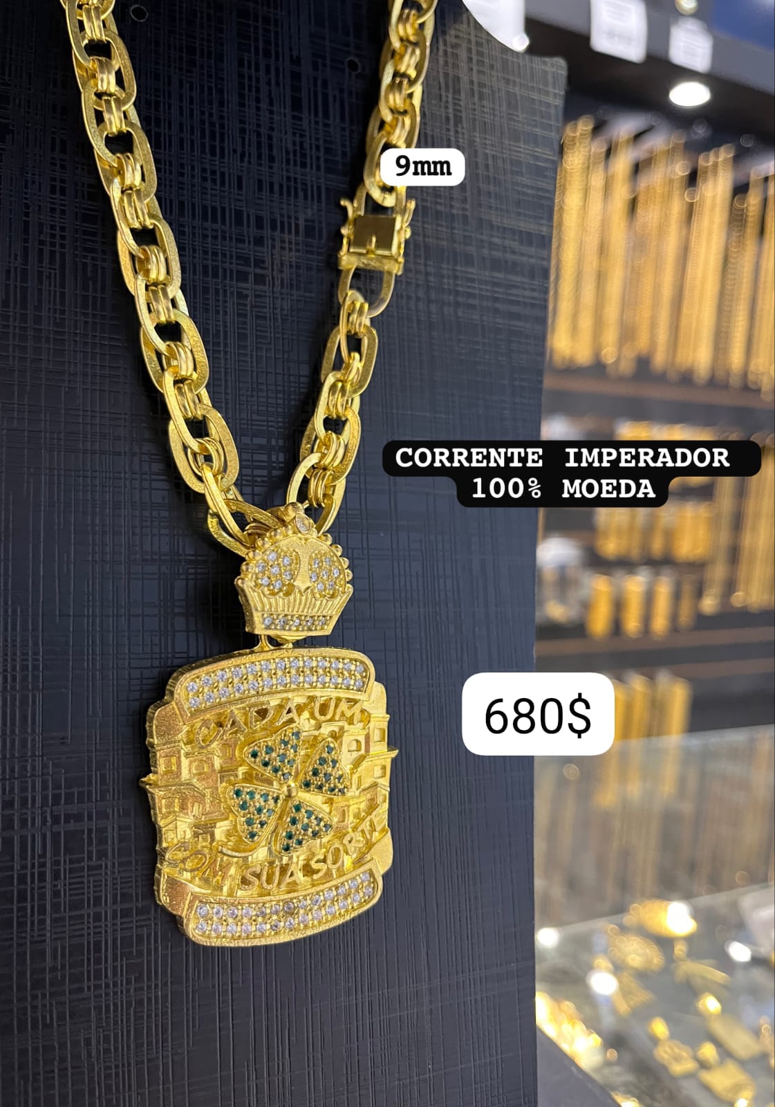 Corrente Imperador 9mm 100% Moeda com Pingente Brasão Coroa - Imagem 2